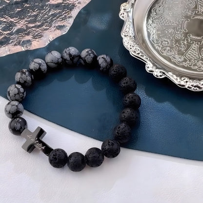 Natural snowflake stone and volcanic basalt lava stone assembled bracelet