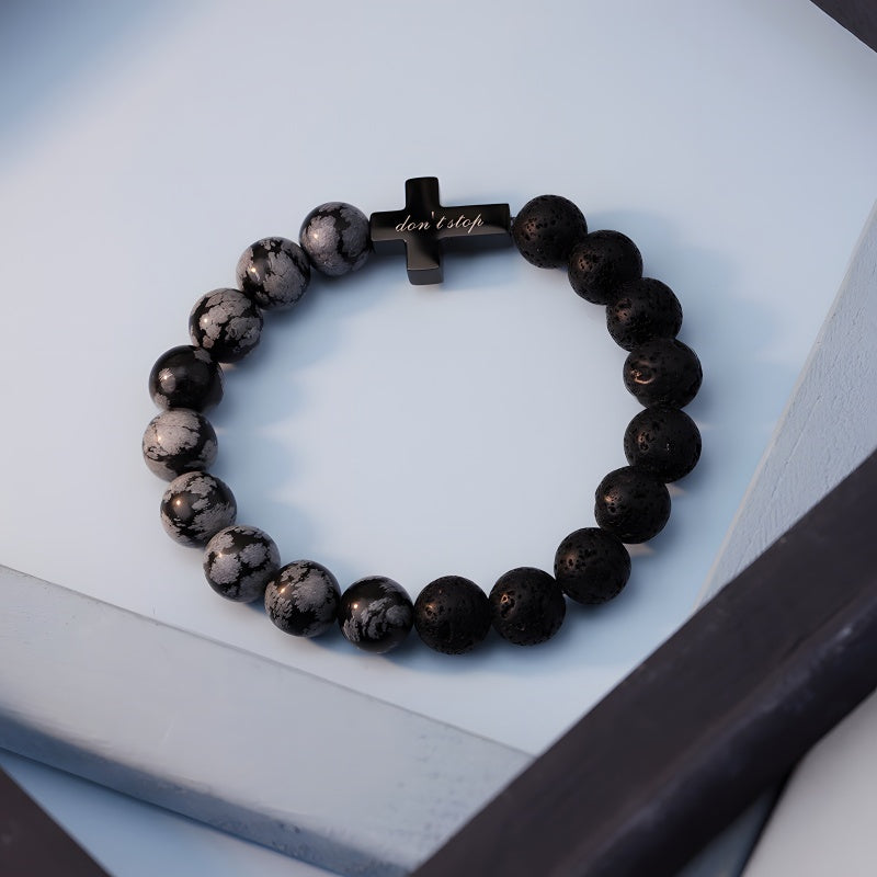 Natural snowflake stone and volcanic basalt lava stone assembled bracelet
