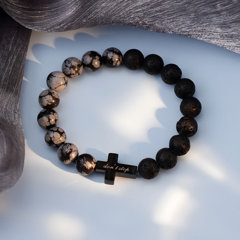 Natural snowflake stone and volcanic basalt lava stone assembled bracelet