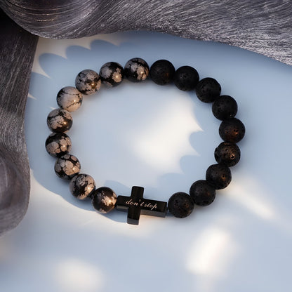 Natural snowflake stone and volcanic basalt lava stone assembled bracelet