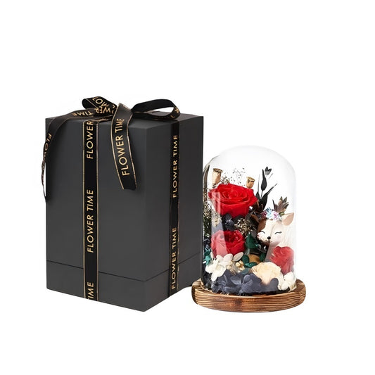 Deer Pressed Flower Bouquet - Genuine Preserved Flower Arrangement in Glass Cloche