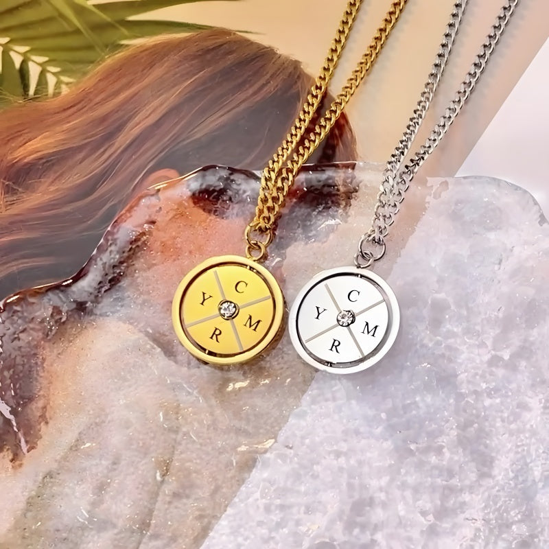 Women's Double-Sided Diamond-Studded Compass Necklace - Personalized Stainless Steel Jewelry Gift with Engraving