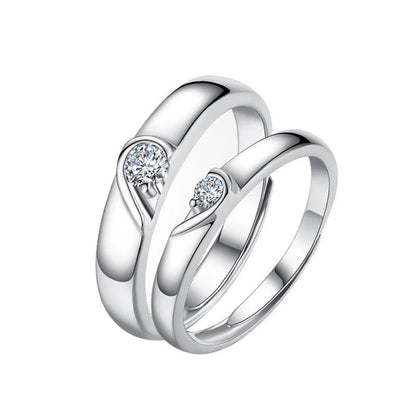 Adjustable Heart Couple Rings - 925 Sterling Silver (White Gold Plated, Romantic Gift Jewelry)