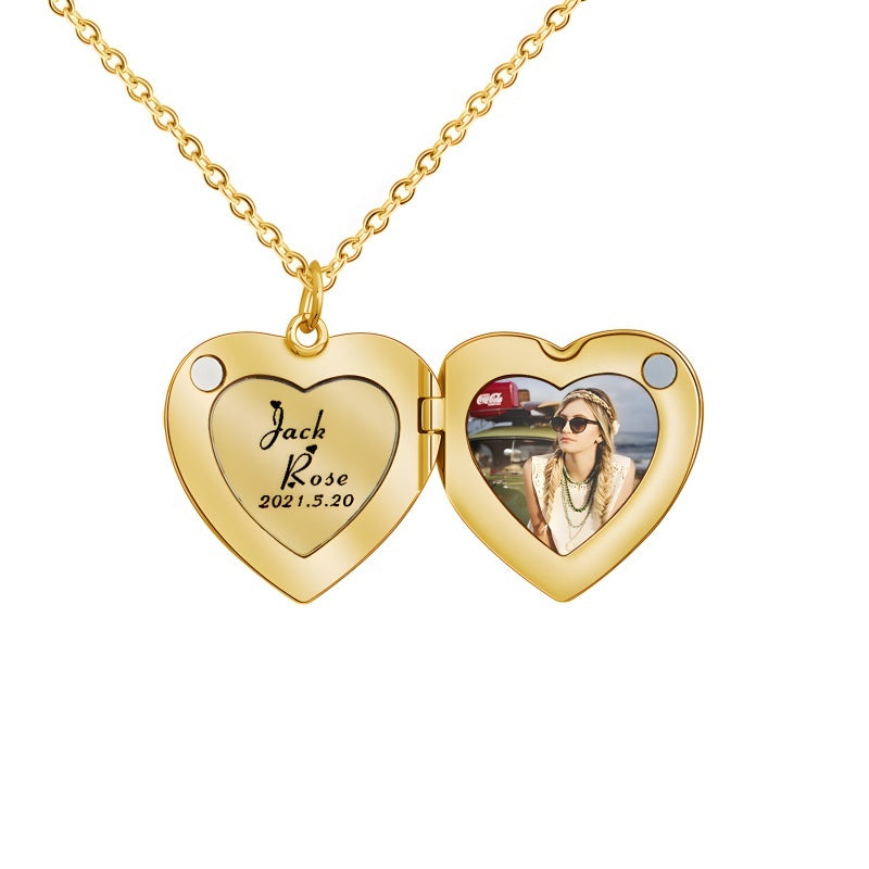 Heart Photo Locket Necklace - Custom Engraved Valentine's Gift with Color Print