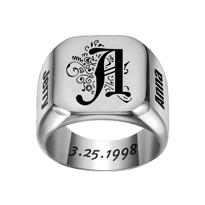 Custom-made stainless steel men's rings with engraving and design for Valentine's Day gifts.