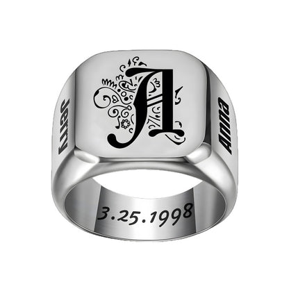 Custom-made stainless steel men's rings with engraving and design for Valentine's Day gifts.