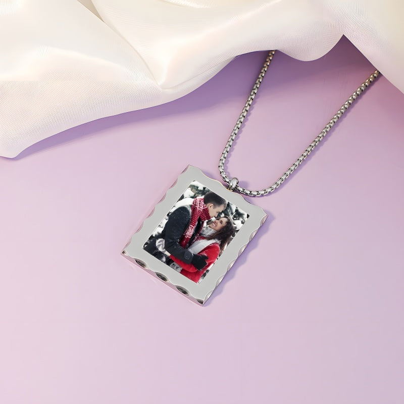Valentine's Day Photo Necklace for Women - Customizable Rectangle Locket with Diamond Frame - Personalized Gift for Her