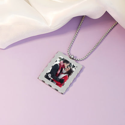 Valentine's Day Photo Necklace for Women - Customizable Rectangle Locket with Diamond Frame - Personalized Gift for Her
